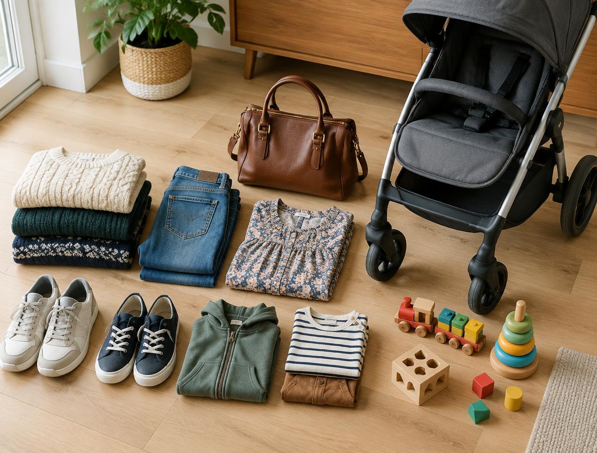 Pulls, jeans, baskets, sac, poussette et jouets en bois — illustration