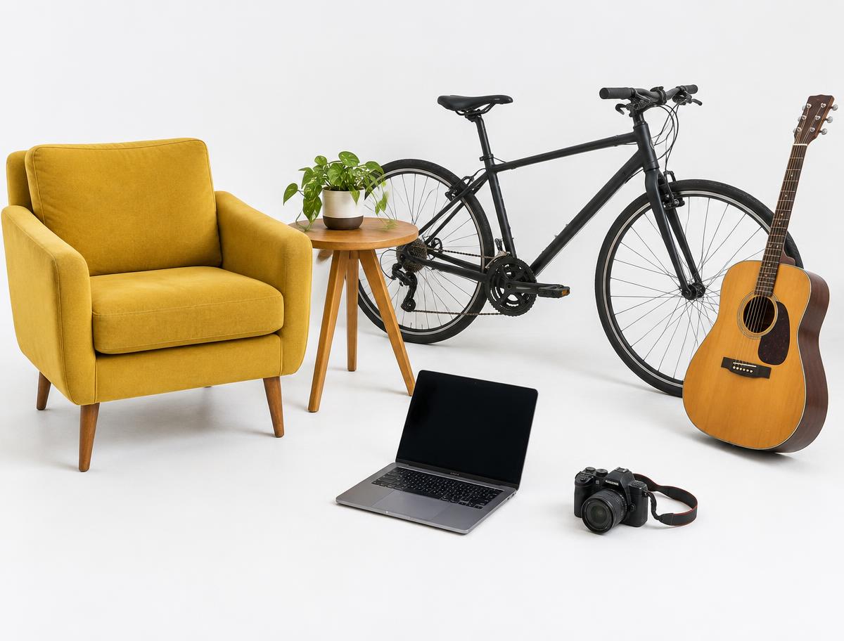 Fauteuil, vélo, guitare, ordinateur et appareil photo — illustration