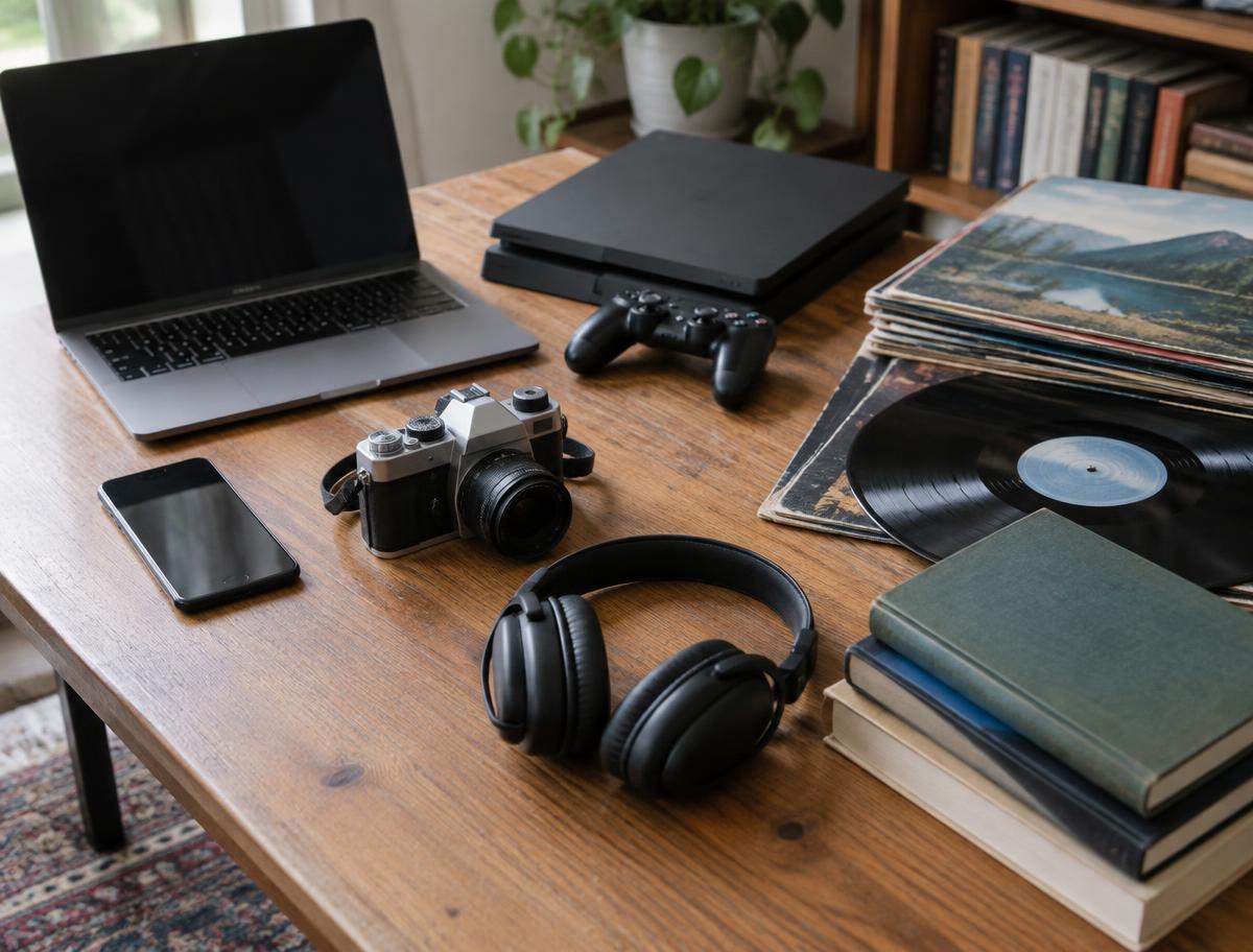 Ordinateur, console, appareil photo, casque, vinyles et livres — illustration